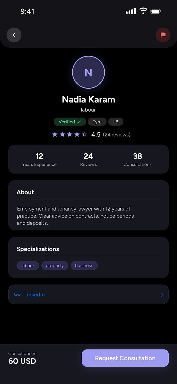 A sample consultant profile in the Lawfe app with a Verified badge, rating, experience and consultation fee