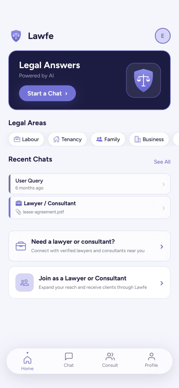 The Lawfe app home screen with Start a Chat, legal areas and recent chats