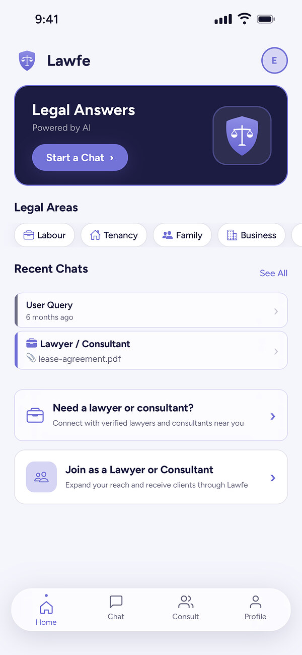 The Lawfe app home screen with Start a Chat, legal areas and recent chats