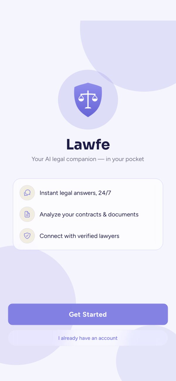 The Lawfe app welcome screen with a Get Started button